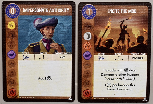 Spirit Island cards: Impersonate Authority and Incite the Mob