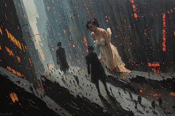 man and woman in dark surreal city
