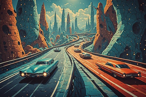 old cars drive on winding highways in a futuristic city