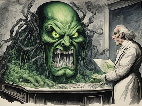a giant green monster head barely contained by a bored scientist